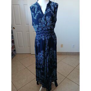 Bila Womens Maxi Dress L Blue Floral Smocked Split Neck Sleeveless Double Slit